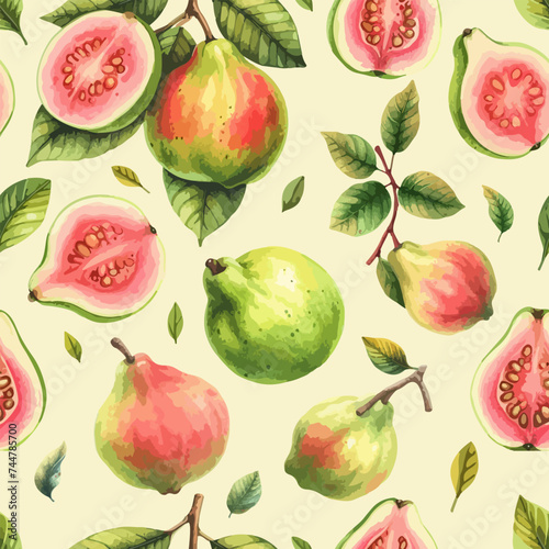 Fototapeta Naklejka Na Ścianę i Meble -  Guava with leaves seamless pattern. Vector watercolor exotic fruits background.