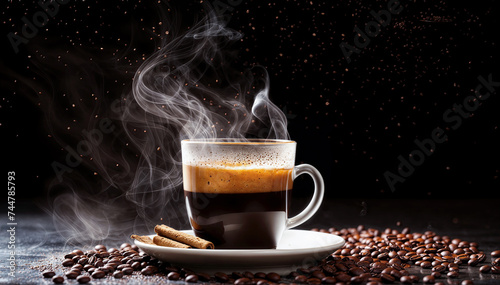 Cup of coffee with cinnamon sticks on a dark background Coffee beans are scattered on the table photo