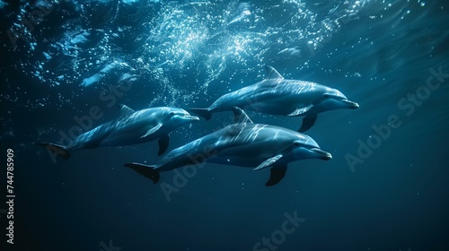 Pod of Dolphins Swimming Underwater