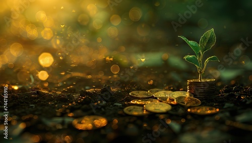 The coins are stacked on the ground and the seedlings are growing on top  the concept of saving money and financial and business growth. AI generated illustration