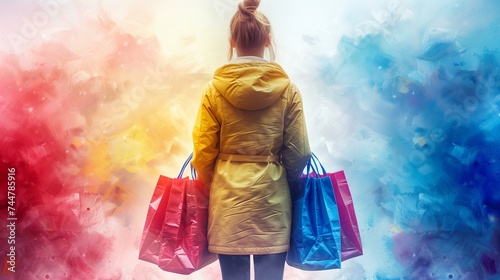 Shopper with Colorful Bags Walking into Mystical Smoke