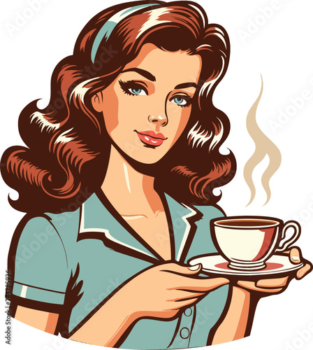 Vector Retro Illustration of a Beautiful Lady Holding a Cup of Coffee