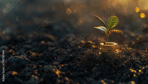 The coins are stacked on the ground and the seedlings are growing on top, the concept of saving money and financial and business growth. AI generated illustration