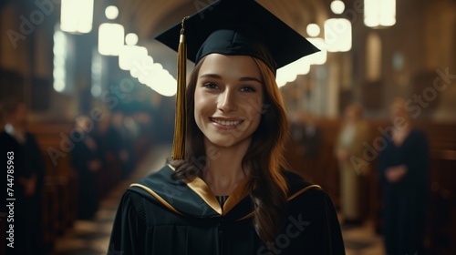 confident young woman in a graduation cap and gown with a golden stole, smiling in a hall full of graduates.