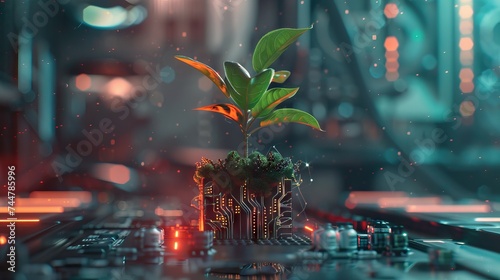 Tree with soil growing on the converging point of computer circuit board. Blue light and wireframe network background. Green Computing  Green Technology. AI generated illustration