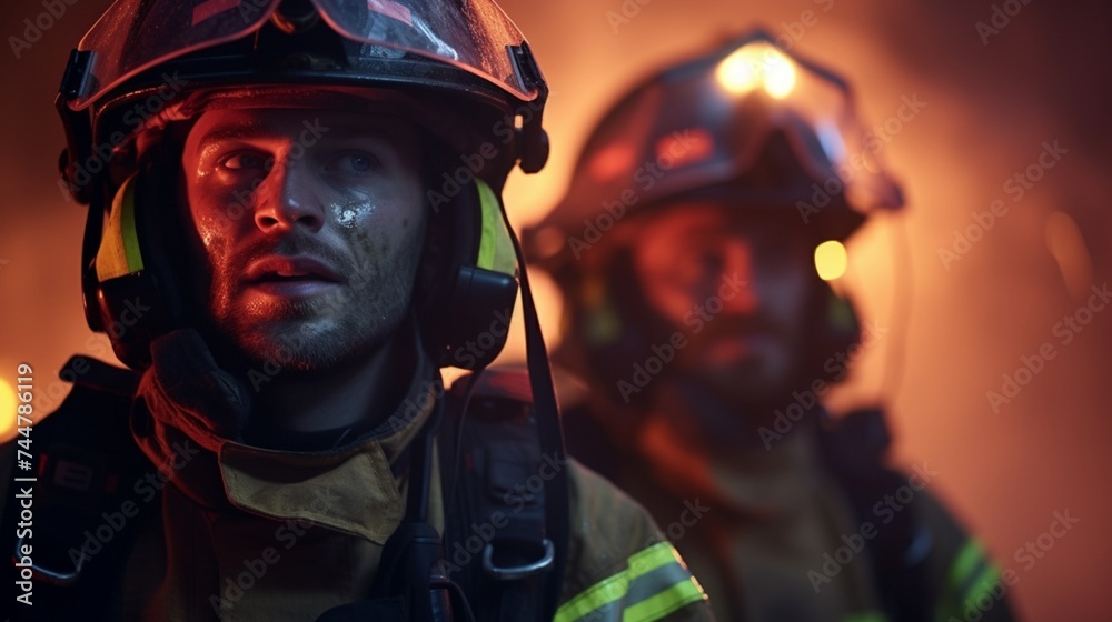 determined firefighters in reflective gear with a focus on one looking ahead emergency vehicle lights glowing. determined firefighters in reflective gear with a focus on one looking ahead emergency vehicle lights glowing.