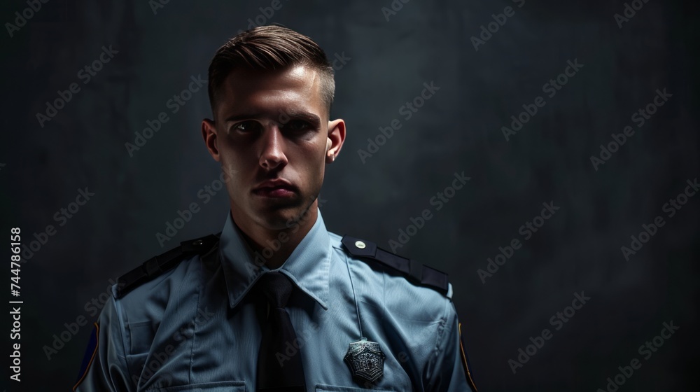 Portrait of male security guard in uniform on dark background 