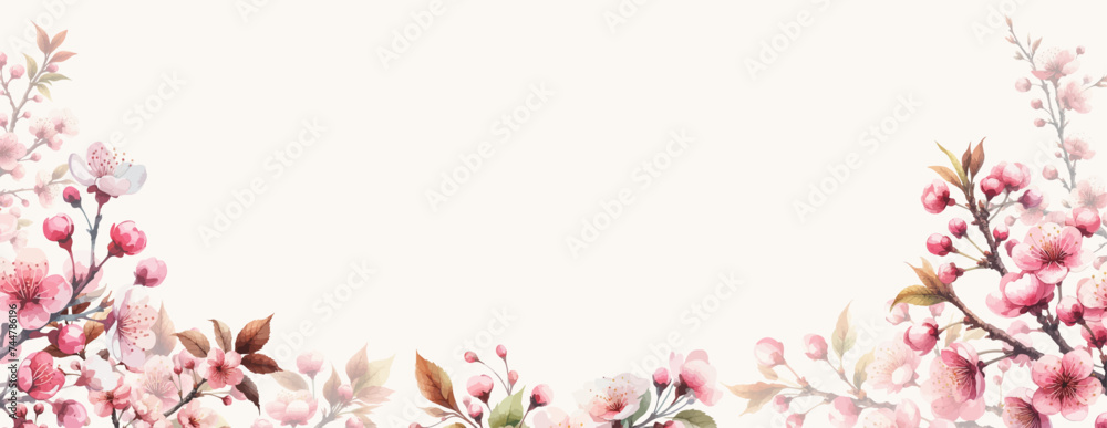Branch of sakura with flowers and leaves on white background. Cherry blossom spring design.