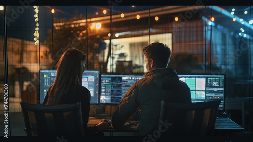 a man and woman are sitting at rhe office at a computer with stock screens on them