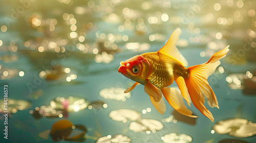 Beautiful goldfish granting wishes on a golden background