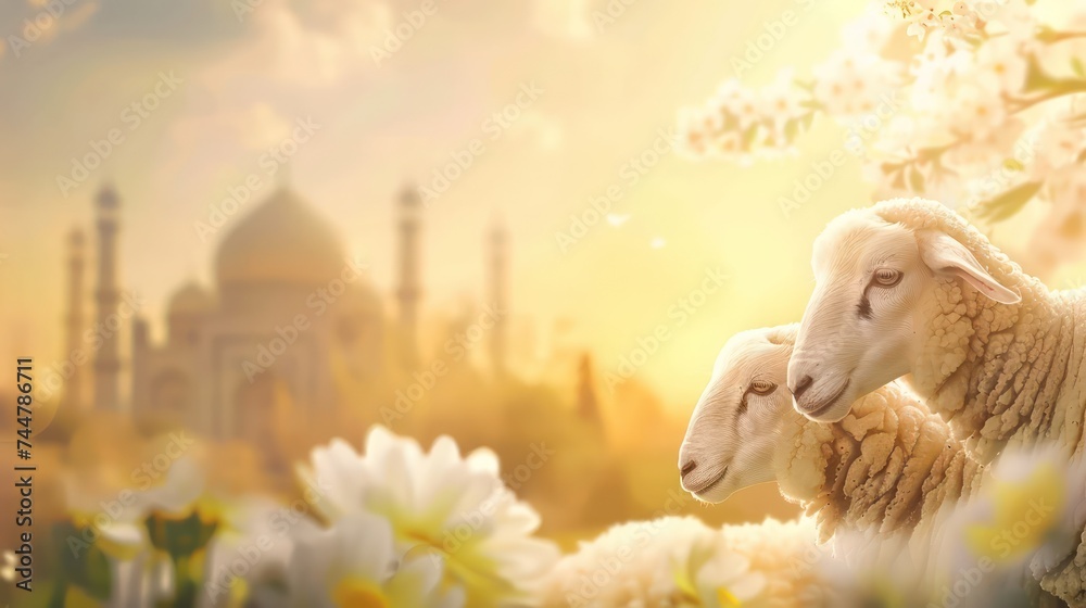 Obraz premium Eid ul-Adha with sacrificial animal, Eid ul Adha backgrounds with mosque.