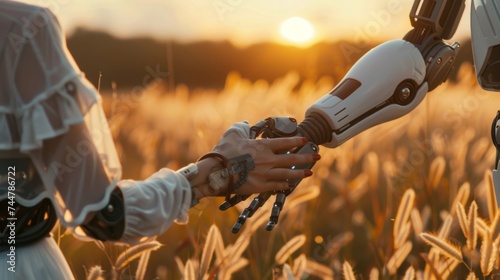 Robot and human pulling hands to reach out each other. Almost reaching robotic cyborg and woman hands outdoors at agricultural field. Human interaction with AI -