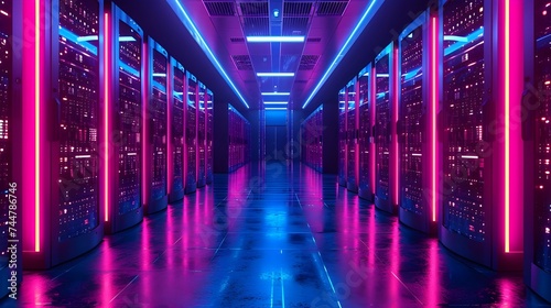 Data Center Server Room. Network Communication, Colorful Neon Server Racks, and Telecommunication Equipment