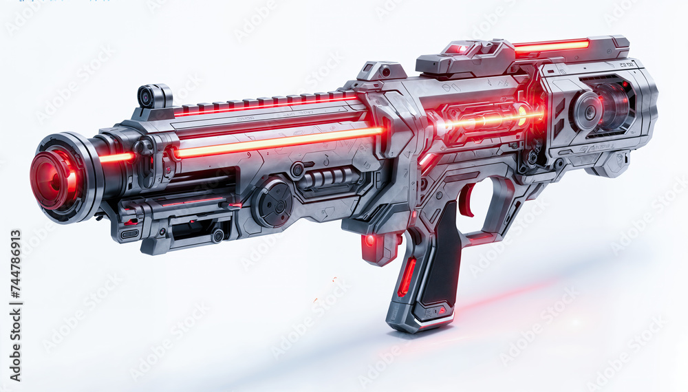  A 3D rendering of a futuristic laser gun is gray and red with a sleek design with white background