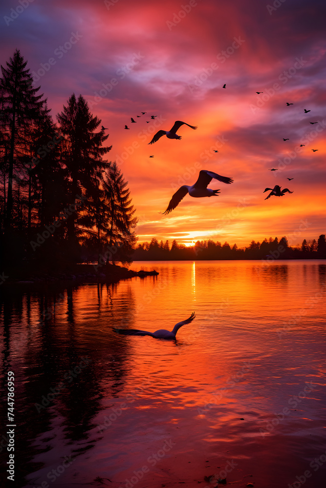 Sunset Reflections: Majestic Geese in Flight Over a Tranquil Lake