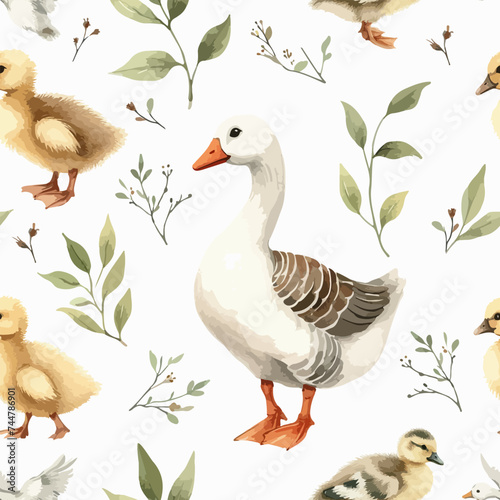 Seamless watercolor pattern goose and little ducklings with sprigs of leaves.