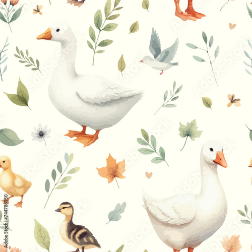 Seamless watercolor pattern goose and little ducklings with sprigs of leaves.