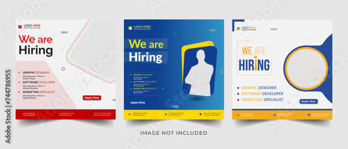 We are hiring job vacancy social media post banner design template with red color. We
are hiring job vacancy square web banner design.