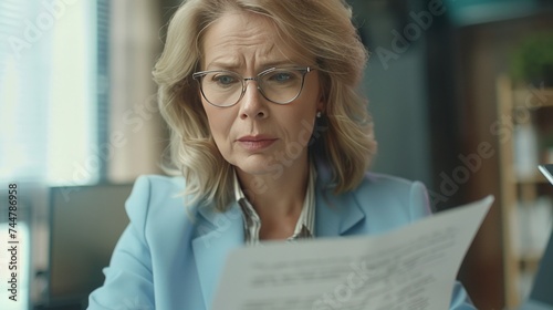Serious thoughtful middle-aged woman in glasses looks worried read news in formal document sit at workplace desk with wireless computer. Older female review paper letter, learns report feels concerned photo