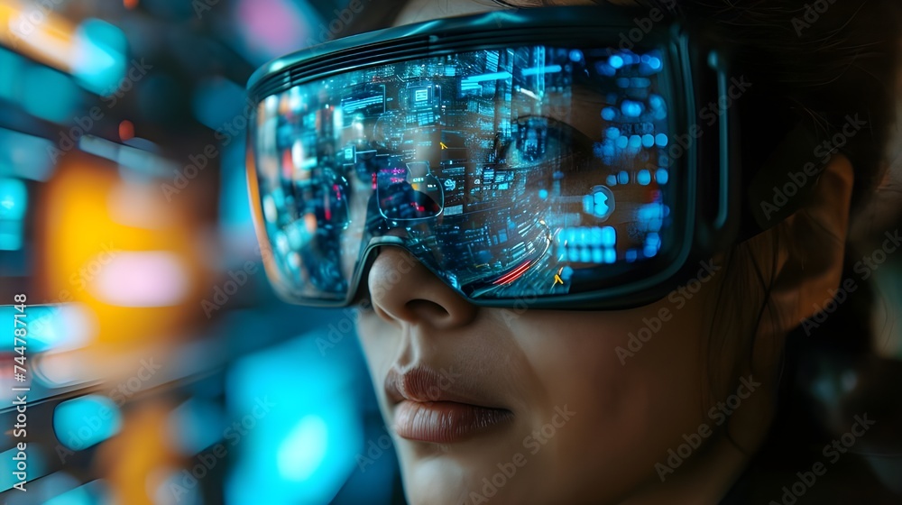 Integration between technology and business, with elements such as augmented reality overlays on physical products. Integration between technology and business, with elements such as augmented reality overlays on physical products.