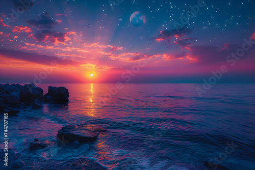 sunset and moonrise over the sea, purple, pink and blue hues (4)