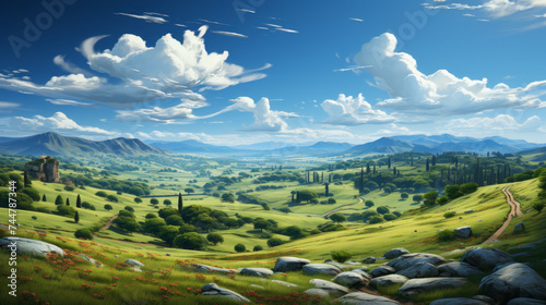 Breath-taking panoramic views of the lush green countryside  rolling hills  and majestic mountains under the infinite blue sky during summer travels  generative AI