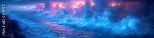 Mystical Blue Flames over Ocean Waves, Panoramic Magical Night Seascape with Eerie Glowing Light