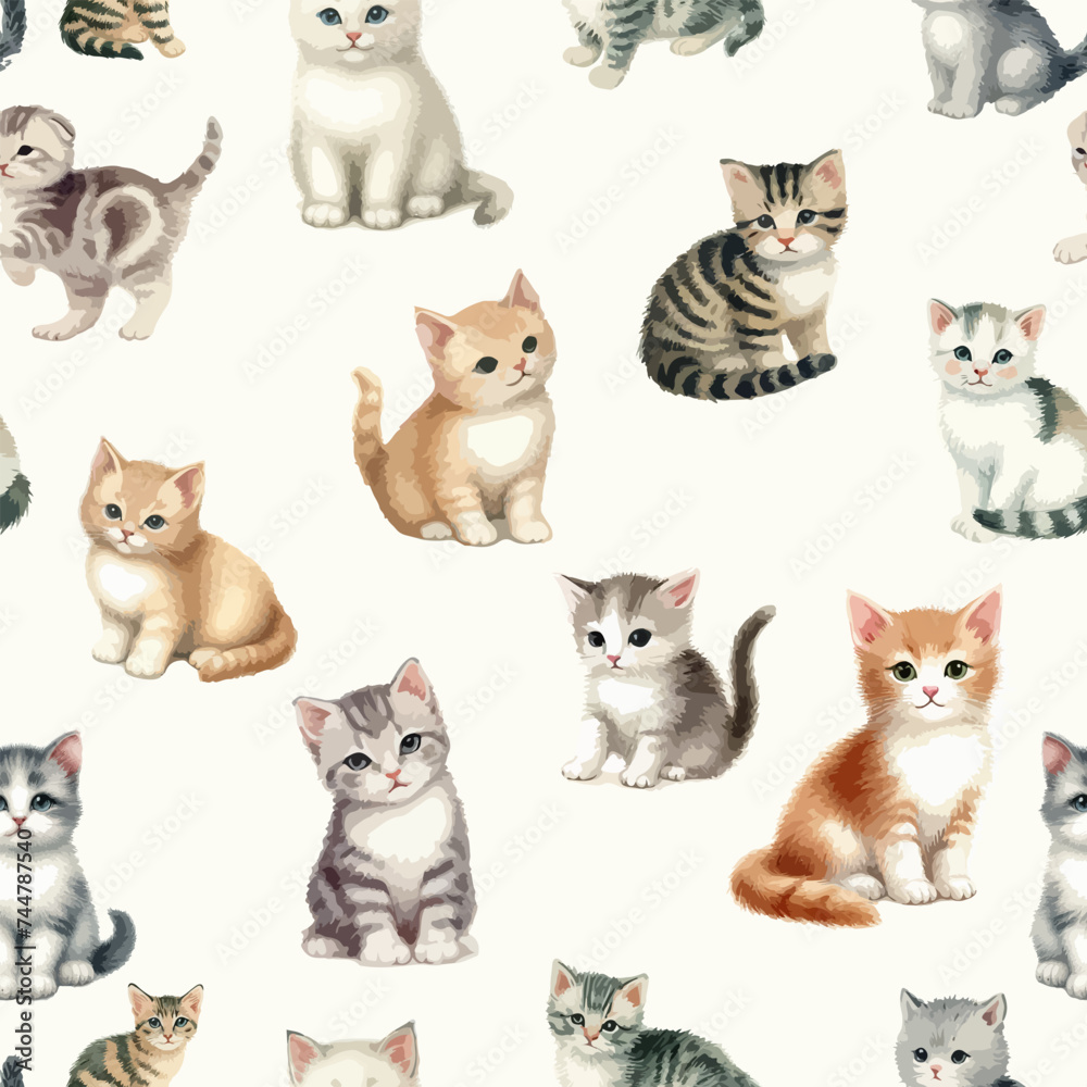 Watercolor Seamless Pattern of Cute Cat. Watercolor Seamless Pattern of Cute Cat.