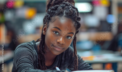 Inclusive image of a happy female african american pupil studying at school. University student studying and revising for exams. Diversity and ethnic minority representation at college. AI generated