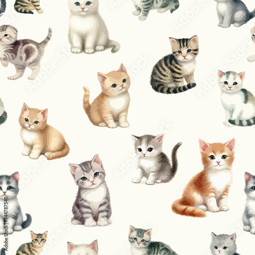 Watercolor Seamless Pattern of Cute Cat.