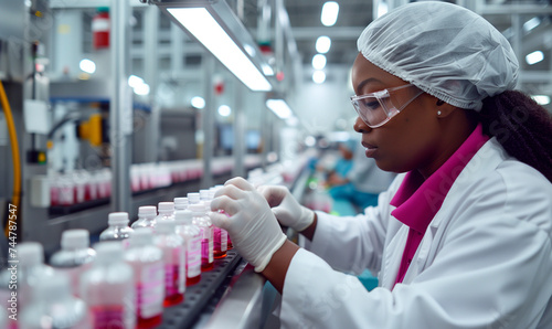 Pharmacist scientist with sanitary gloves examining medical vials on a production line conveyor belt in a pharmaceutical factory with Generative AI. African American female checking medicine vials photo