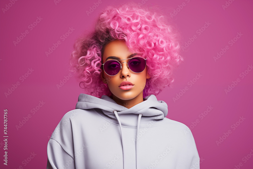 Fashionable model with vibrant pink curly hair and sunglasses posing against a matching pink background