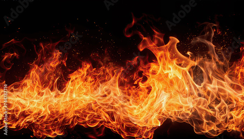  A large raging fire with sparks on a black background