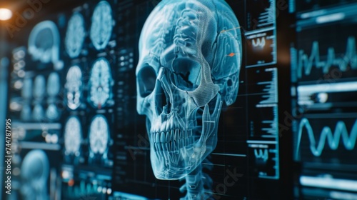 A skull is shown on a computer screen. Generative AI. photo