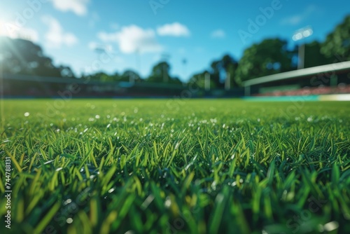 A soccer field with grass and sun shining. Generative AI.