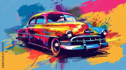 Vector illustration in an abstract style. A colorful old retro car. T-shirt or print design 