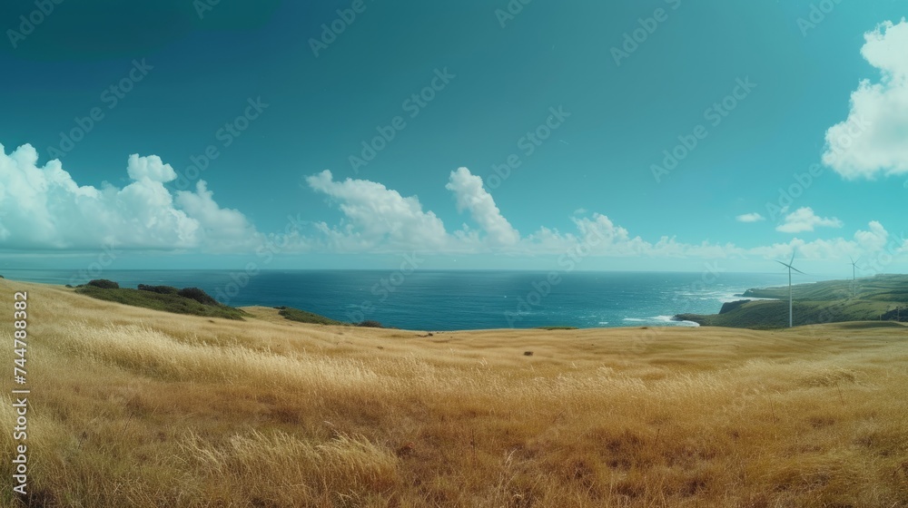 Nature conservation: panoramic landscape of coastline gass field hill Nature conservation: panoramic landscape of coastline gass field hill