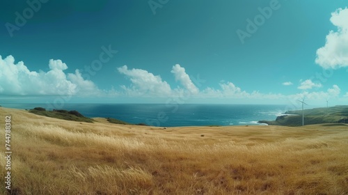 Nature conservation: panoramic landscape of coastline gass field hill photo