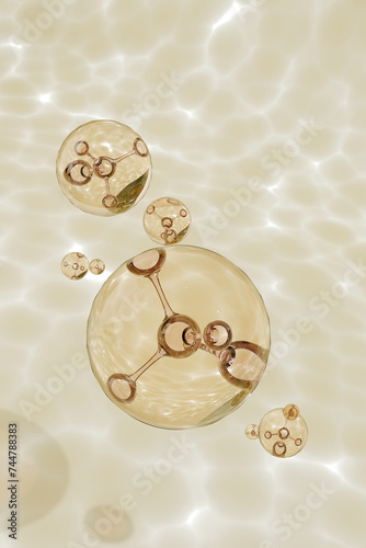 Cosmetic Essence, Liquid bubble, Molecule inside Liquid Bubble on DNA background, 3d rendering