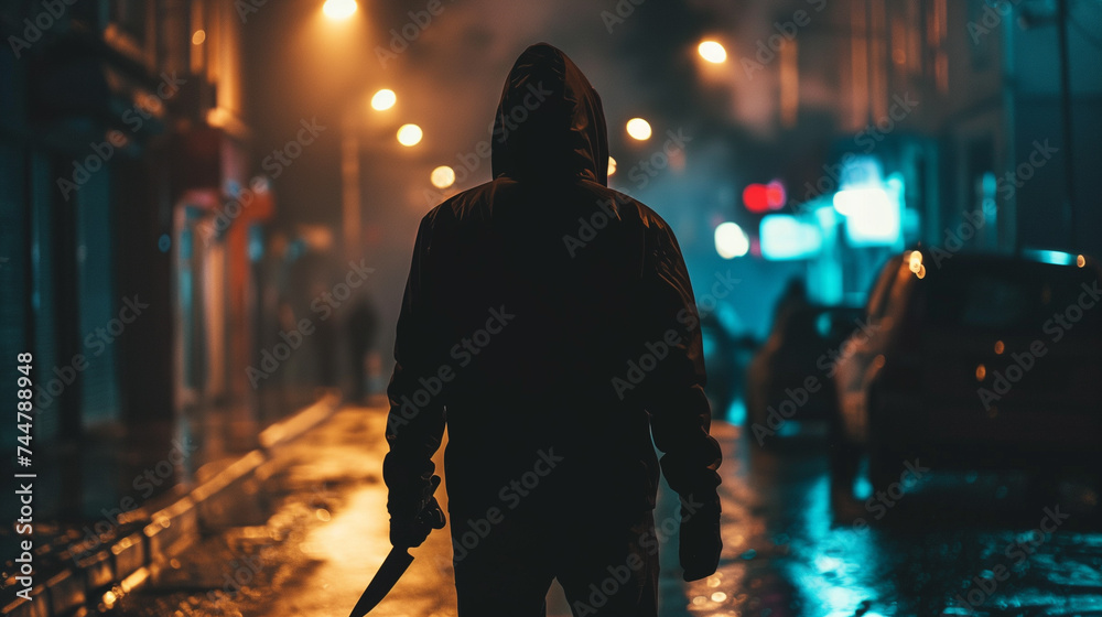 Mysterious figure walking with a knife in a rainy, neon-lit urban street at night, with a cinematic atmosphere.