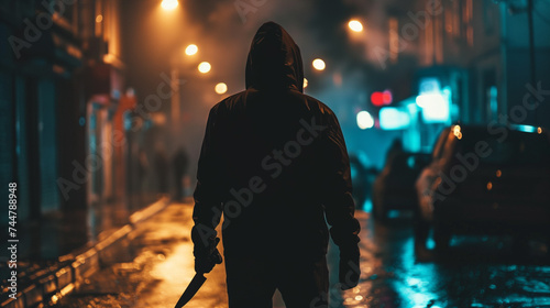 Mysterious figure walking with a knife in a rainy, neon-lit urban street at night, with a cinematic atmosphere.