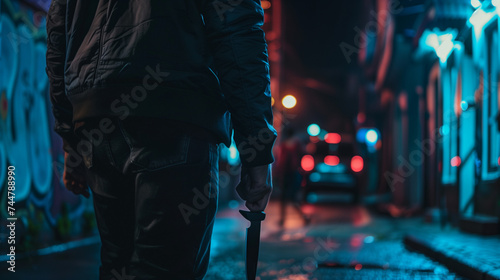 Silhouette of a person with a knife walking in a neon-lit alley at night with bokeh lights in the background.