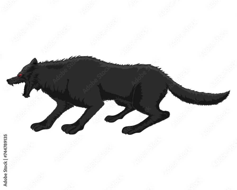 vector design, cartoon illustration of a black wolf animal seen from the side, full body with red eyes
