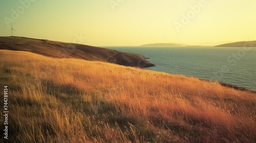 Nature conservation: panoramic landscape of coastline gass field hill