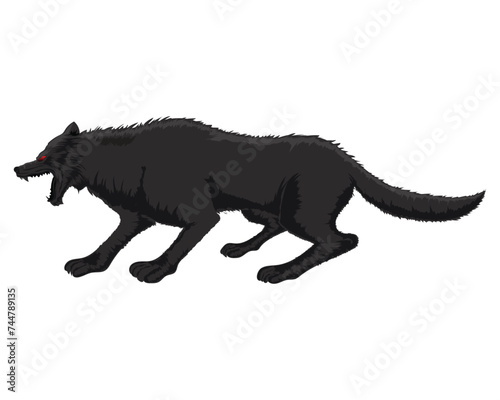 vector design  cartoon illustration of a black wolf animal seen from the side  full body with red eyes