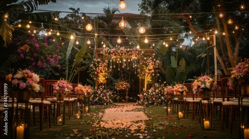 Wedding Ceremony with flowers outside in the garden with hanging lights © Jalal