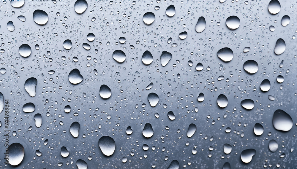 Close-up of water drops on a glass surface with a gray background water drops are various sizes and shapes Close-up of water drops on a glass surface with a gray background water drops are various sizes and shapes