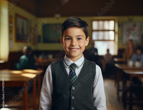 A young boy in a school uniform standing in a restaurant. Generative AI.