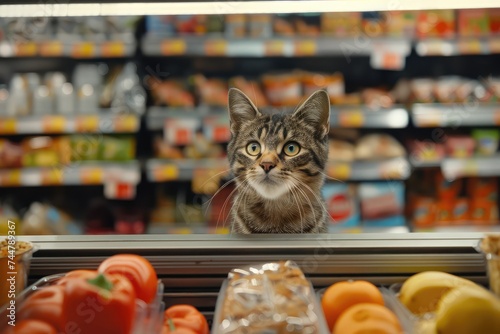 Store Managers Cat, Cat Worker Training in Supermarket, Cat Intern in Food Shop photo