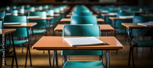 Wallpaper Mural Empty classroom with empty chairs and a book. Generative AI. Torontodigital.ca